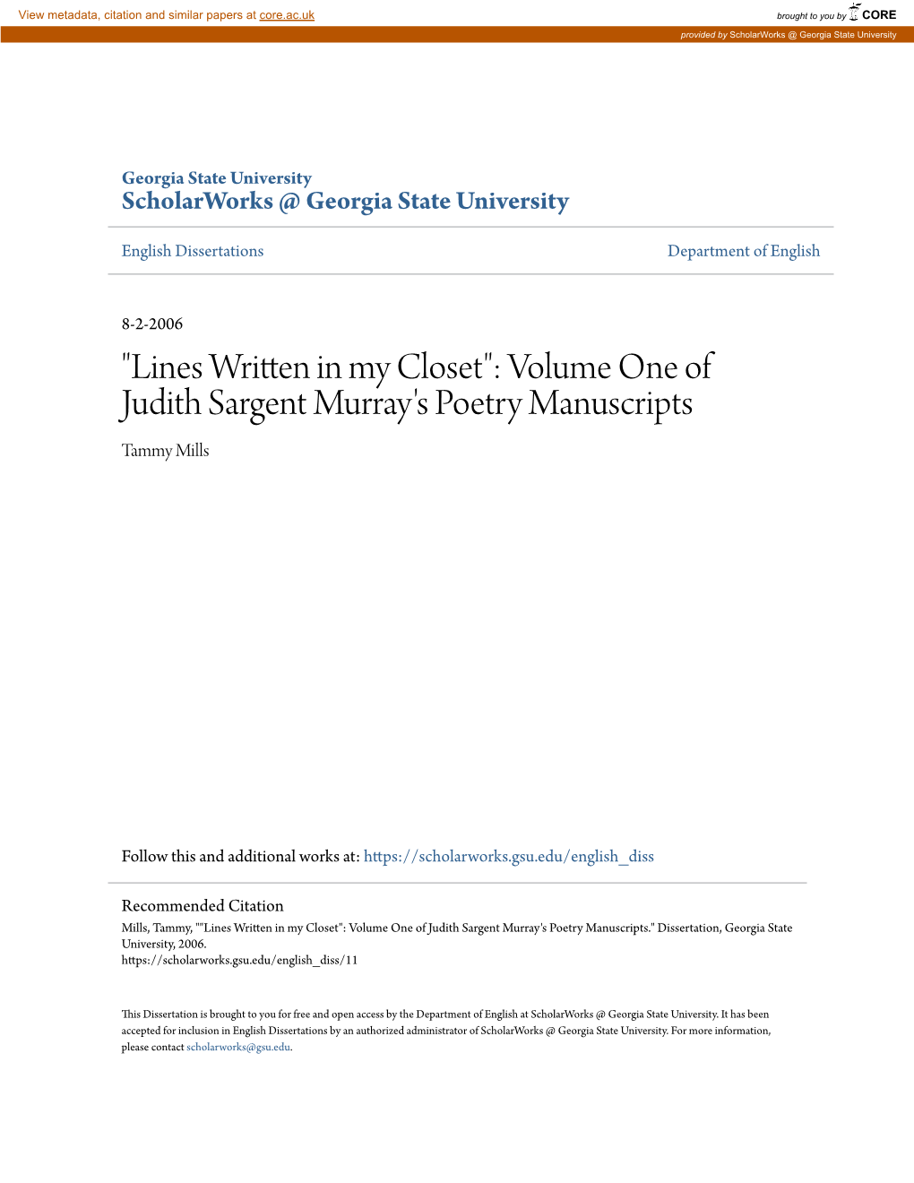 Volume One of Judith Sargent Murray's Poetry Manuscripts Tammy Mills