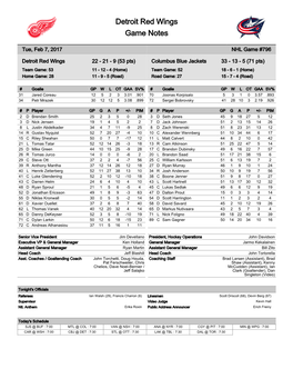 Detroit Red Wings Game Notes