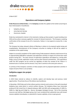 Operations and Company Update Sulitjelma Copper Zinc Project