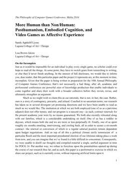 More Human Than Non/Human: Posthumanism, Embodied Cognition, and Video Games As Affective Experience