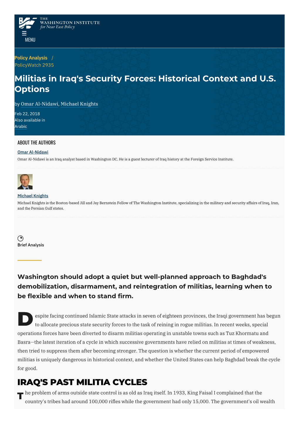 Militias in Iraq's Security Forces: Historical Context and U.S