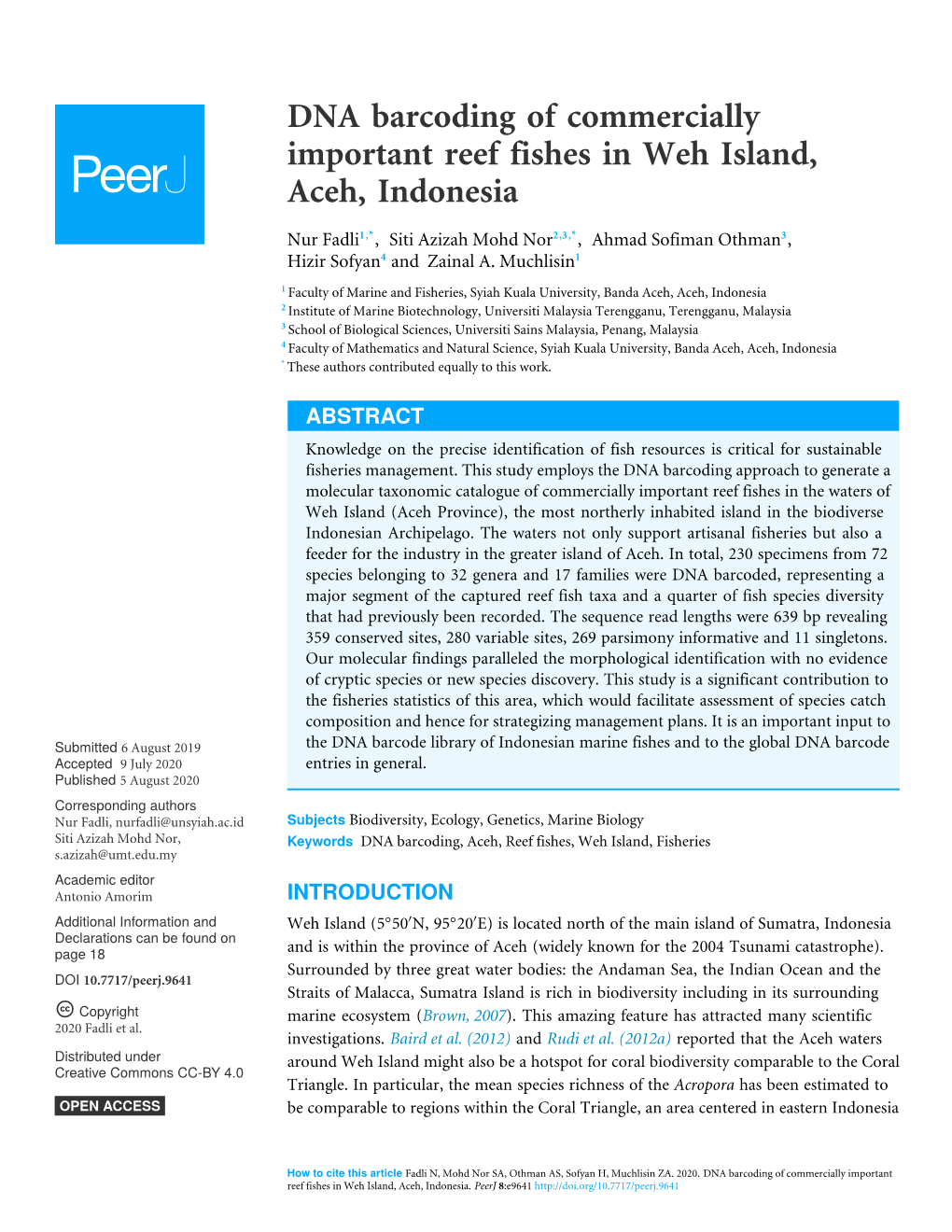 DNA Barcoding of Commercially Important Reef Fishes in Weh Island, Aceh, Indonesia