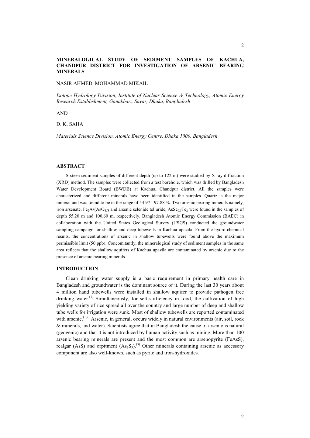 Mineralogical Study of Sediment Samples of Kachua, Chandpur District for Investigation of Arsenic Bearing Minerals