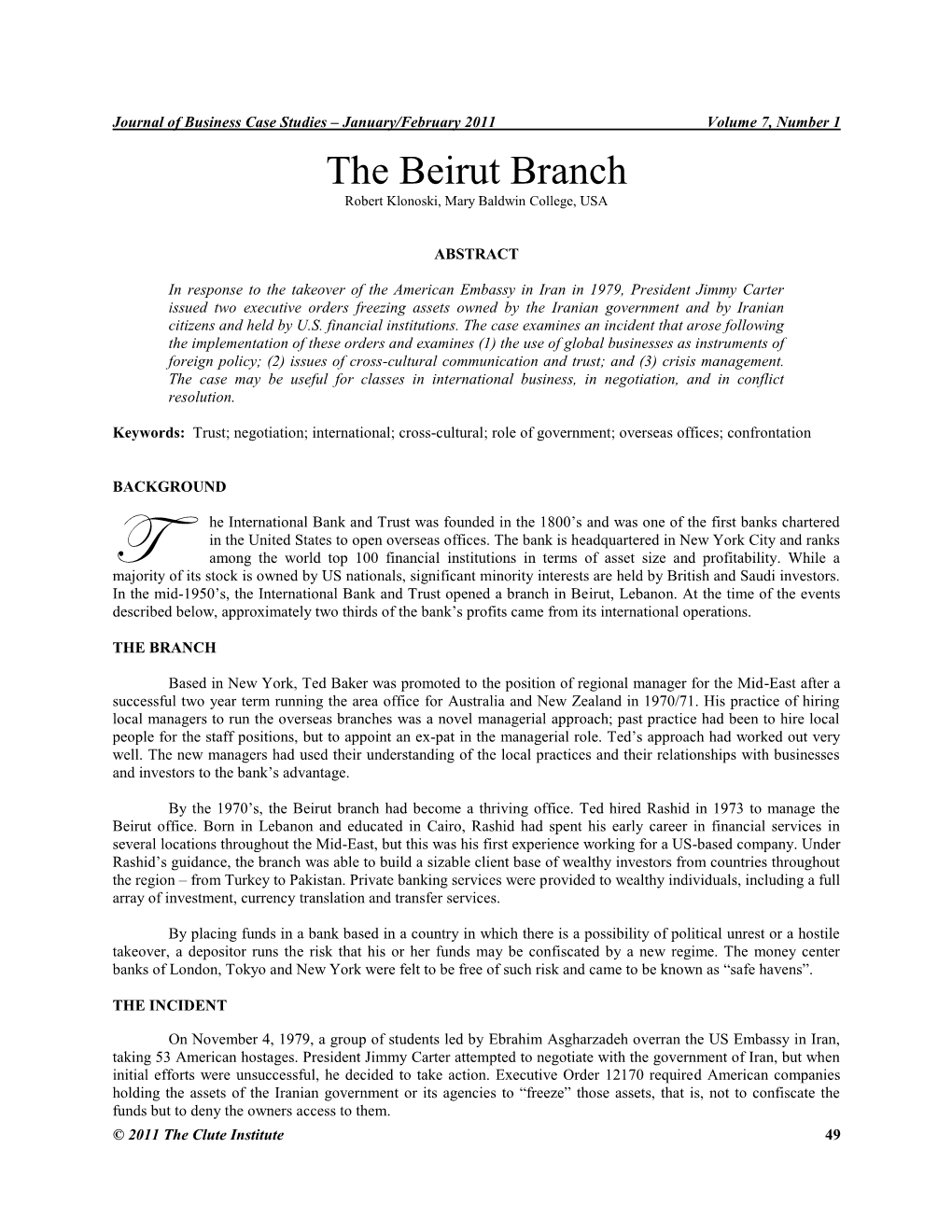 The Beirut Branch Robert Klonoski, Mary Baldwin College, USA