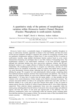 A Quantitative Study of the Patterns of Morphological Variation Within Hormosira Banksii (Turner) Decaisne (Fucales: Phaeophyta) in South-Eastern Australia