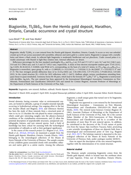 Biagioniite, Tl2sbs2, from the Hemlo Gold Deposit, Marathon, Ontario, Canada: Occurrence and Crystal Structure