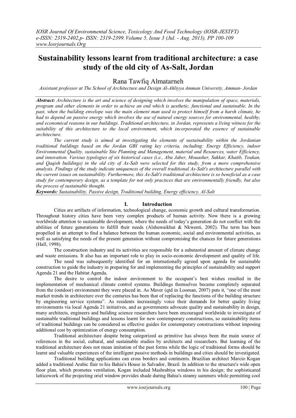 Sustainability Lessons Learnt from Traditional Architecture: a Case Study of the Old City of As-Salt, Jordan