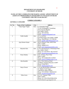 I Department of Geography University of Delhi Panel of the Candidates for Making Ad Hoc Appointment of Assistant Professors in G