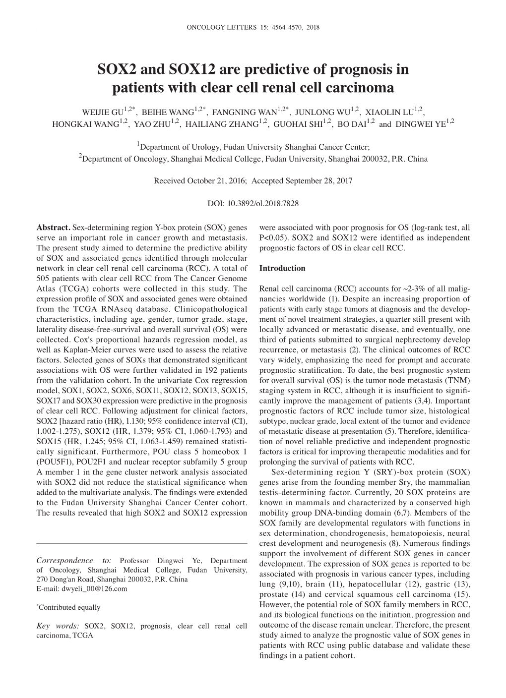 SOX2 and SOX12 Are Predictive of Prognosis in Patients with Clear Cell Renal Cell Carcinoma