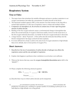 Respiratory System True Or False