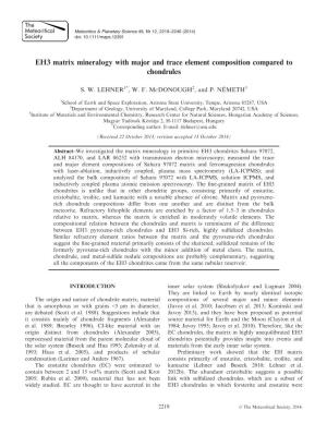 EH3 Matrix Mineralogy with Major and Trace Element Composition Compared to Chondrules