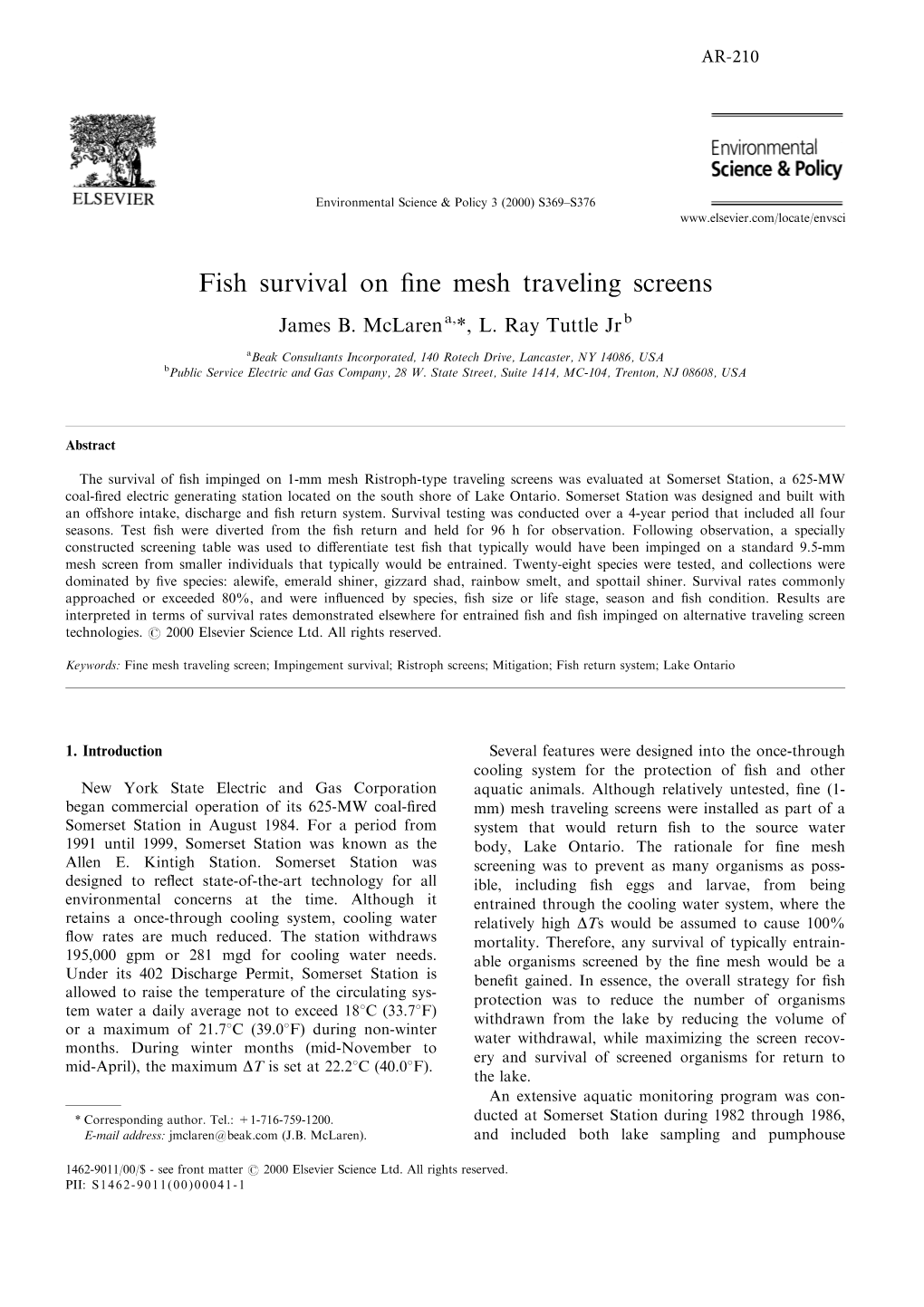 Fish Survival on Fine Mesh Traveling Screens