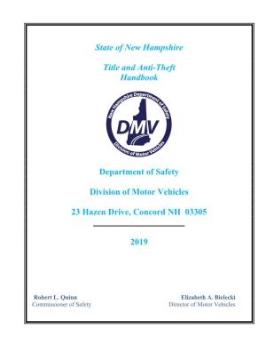 State of New Hampshire Title and Anti-Theft Handbook Department Of