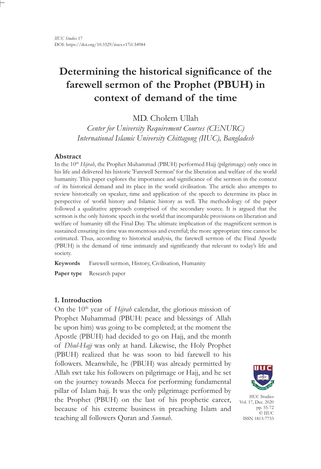 Determining the Historical Significance of the Farewell Sermon of the Prophet (PBUH) in Context of Demand of the Time