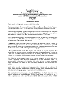 Opening Statement by ROD BECKSTROM President