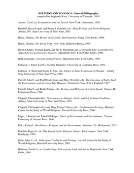 RELIGION and ECOLOGY: General Bibliography Compiled by Stephanie Kaza, University of Vermont 2003