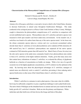 Characterization of the Photosynthetic Competitiveness of Autumn Olive (Elaeagnus Umbellata) Michele R