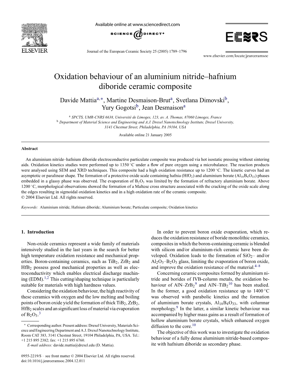 Oxidation Behaviour of an Aluminium Nitride–Hafnium Diboride Ceramic Composite