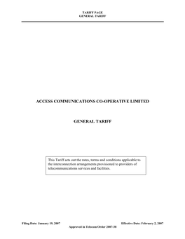 ACCESS COMMUNICATIONS GENERAL TARIFF CRTC 21640 Original Page 1