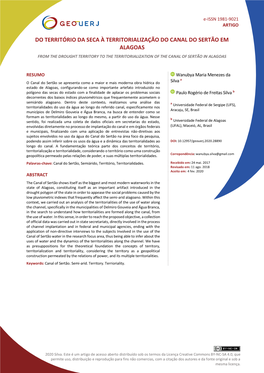 Do Território Da Seca À Territorialização Do Canal Do Sertão Em Alagoas from the Drought Territory to the Territorialization of the Canal of Sertão in Alagoas