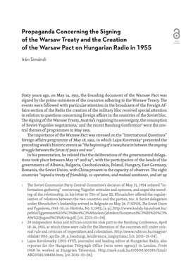 Propaganda Concerning the Signing of the Warsaw Treaty and the Creation OPEN ACCESS of the Warsaw Pact on Hungarian Radio in 1955