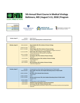 5Th Annual Short Course in Medical Virology Baltimore, MD August 5-11