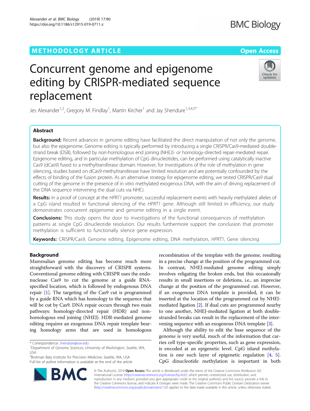 Concurrent Genome and Epigenome Editing by CRISPR-Mediated Sequence Replacement Jes Alexander1,2, Gregory M