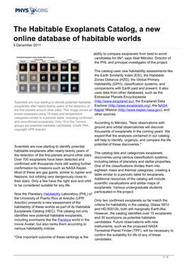 The Habitable Exoplanets Catalog, a New Online Database of Habitable Worlds 5 December 2011