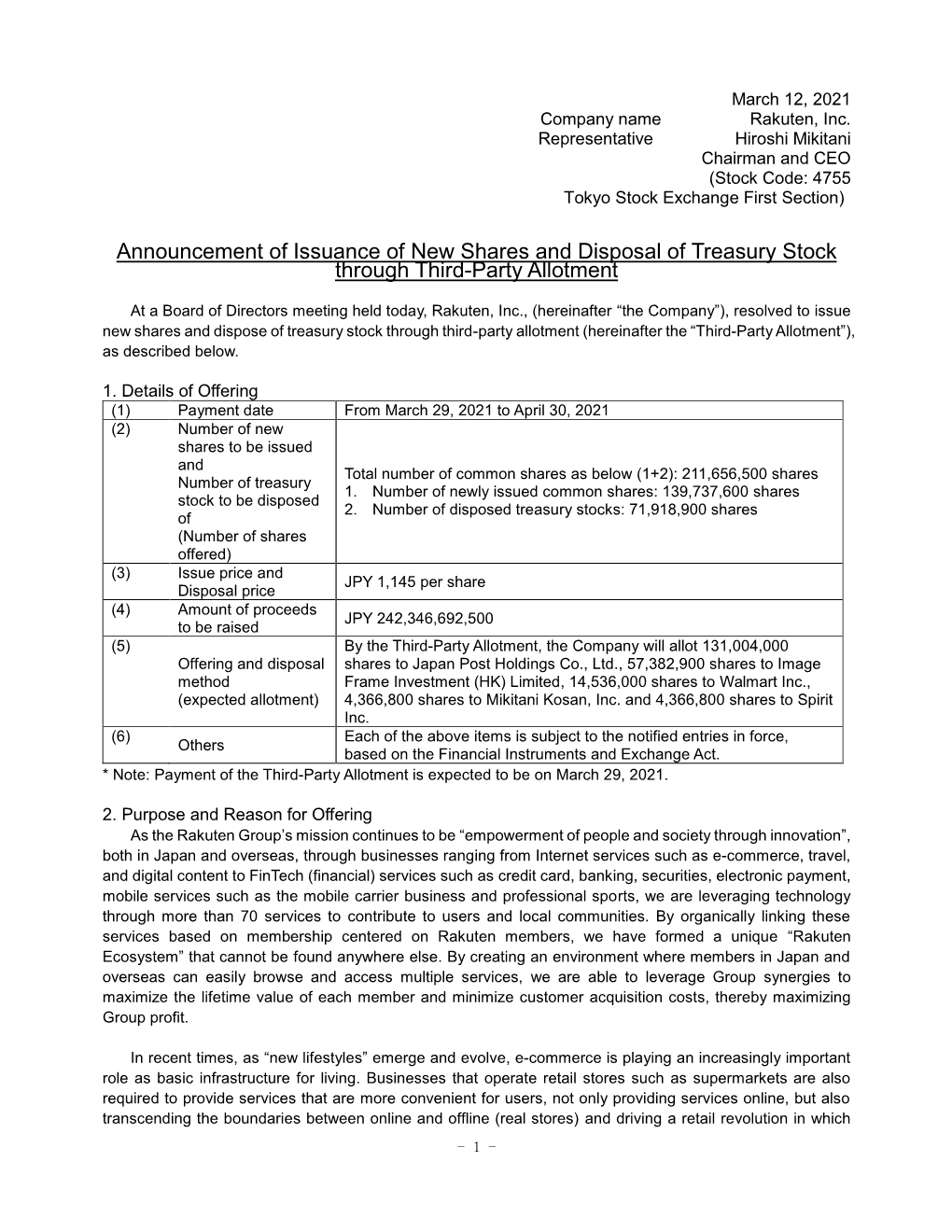 Announcement of Issuance of New Shares and Disposal of Treasury Stock Through Third-Party Allotment