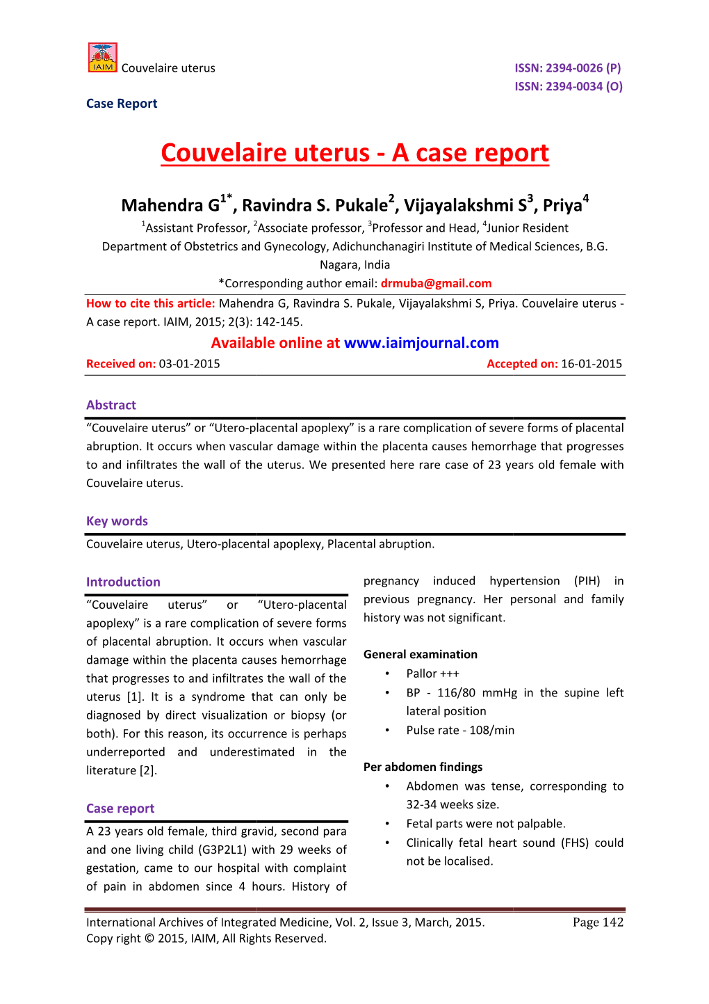 Couvelaire Uterus ISSN: 2394-0026 (P) ISSN: 2394-0034 (O) Case Report