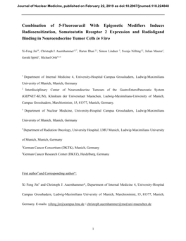 Combination of 5-Fluorouracil with Epigenetic Modifiers Induces Radiosensitization, Somatostatin Receptor 2 Expression and Radio