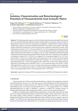 Isolation, Characterization and Biotechnological Potentials of Thraustochytrids from Icelandic Waters