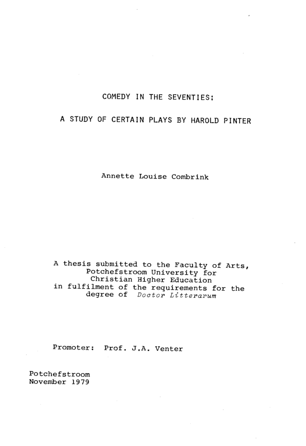 A Study of Certain Plays by Harold Pinter