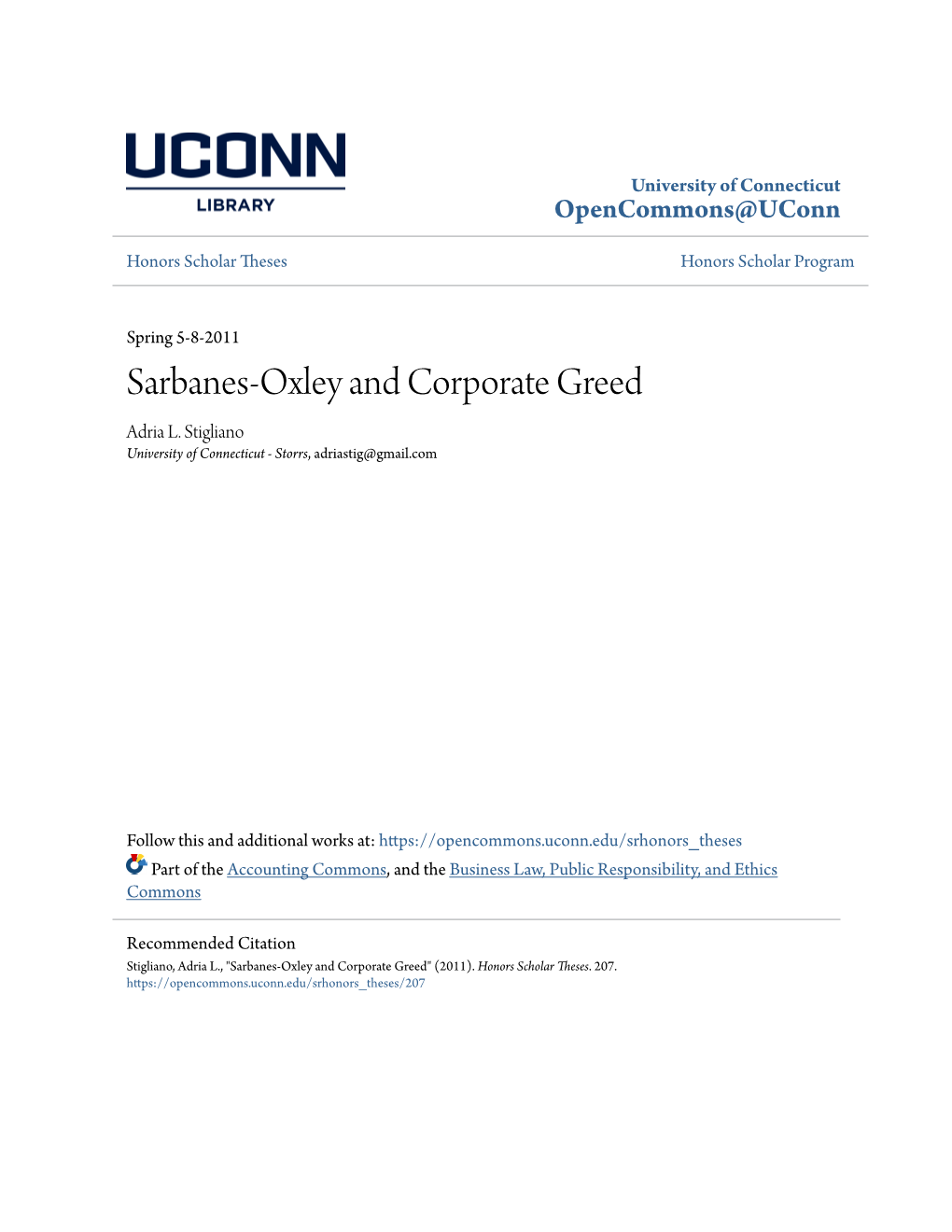 Sarbanes-Oxley and Corporate Greed Adria L