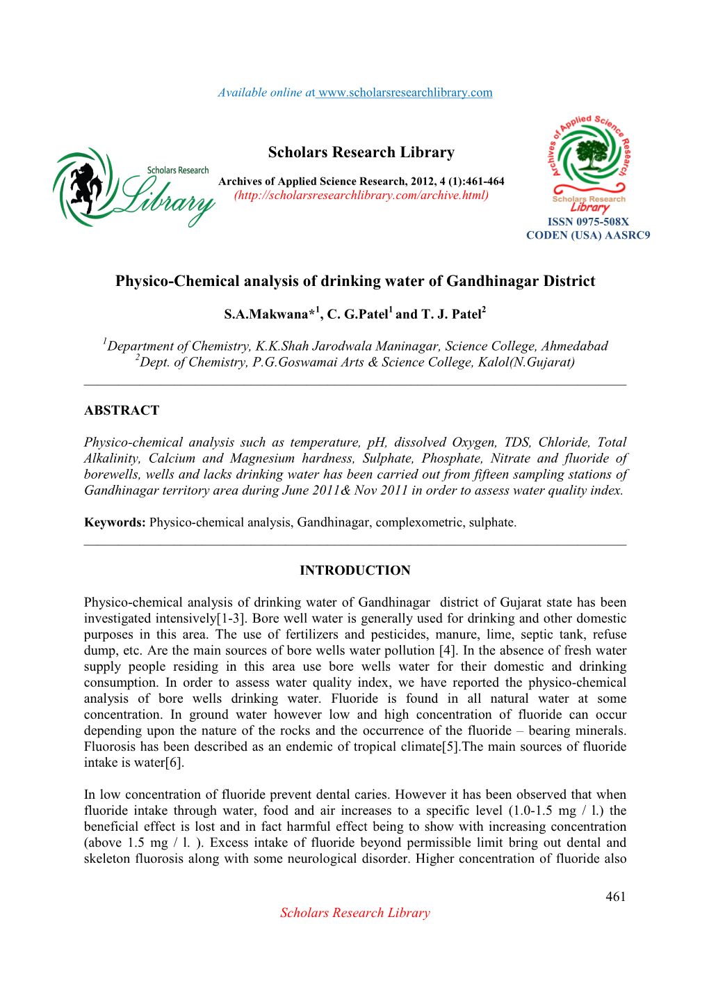 Physico-Chemical Analysis of Drinking Water of Gandhinagar District