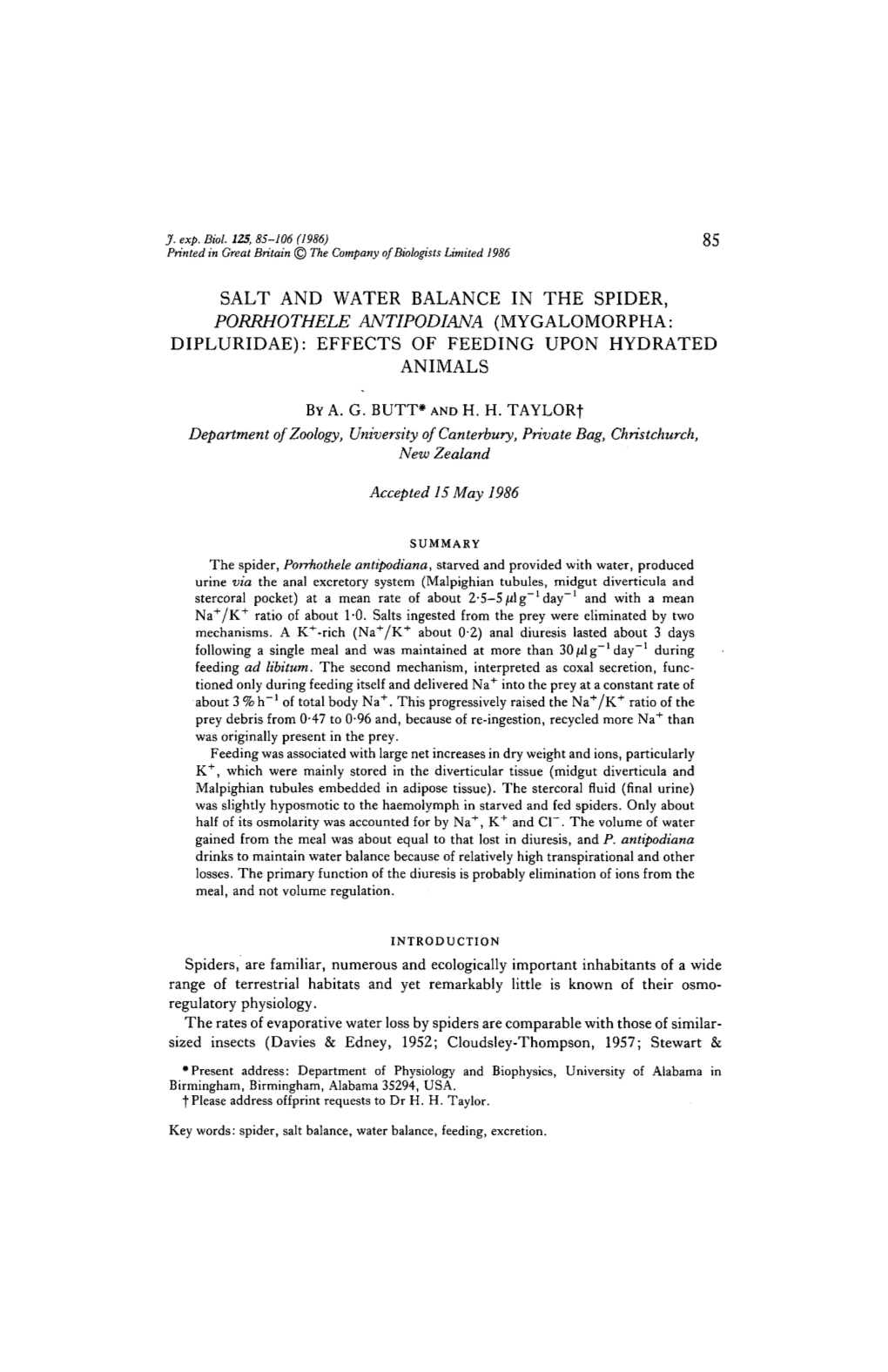 Salt and Water Balance in the Spider, Porrhothele Antipodiana (Mygalomorpha: Dipluridae): Effects of Feeding Upon Hydrated Animals