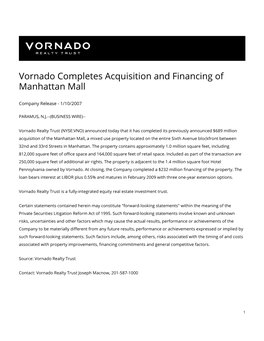 Vornado Completes Acquisition and Financing of Manhattan Mall