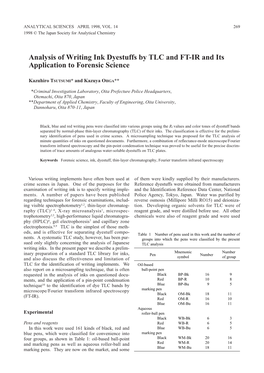 Analysis of Writing Ink Dyestuffs by TLC and FT-IR and Its Application to Forensic Science
