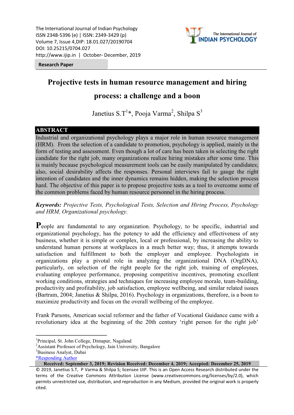 Projective Tests in Human Resource Management and Hiring Process: a Challenge and a Boon