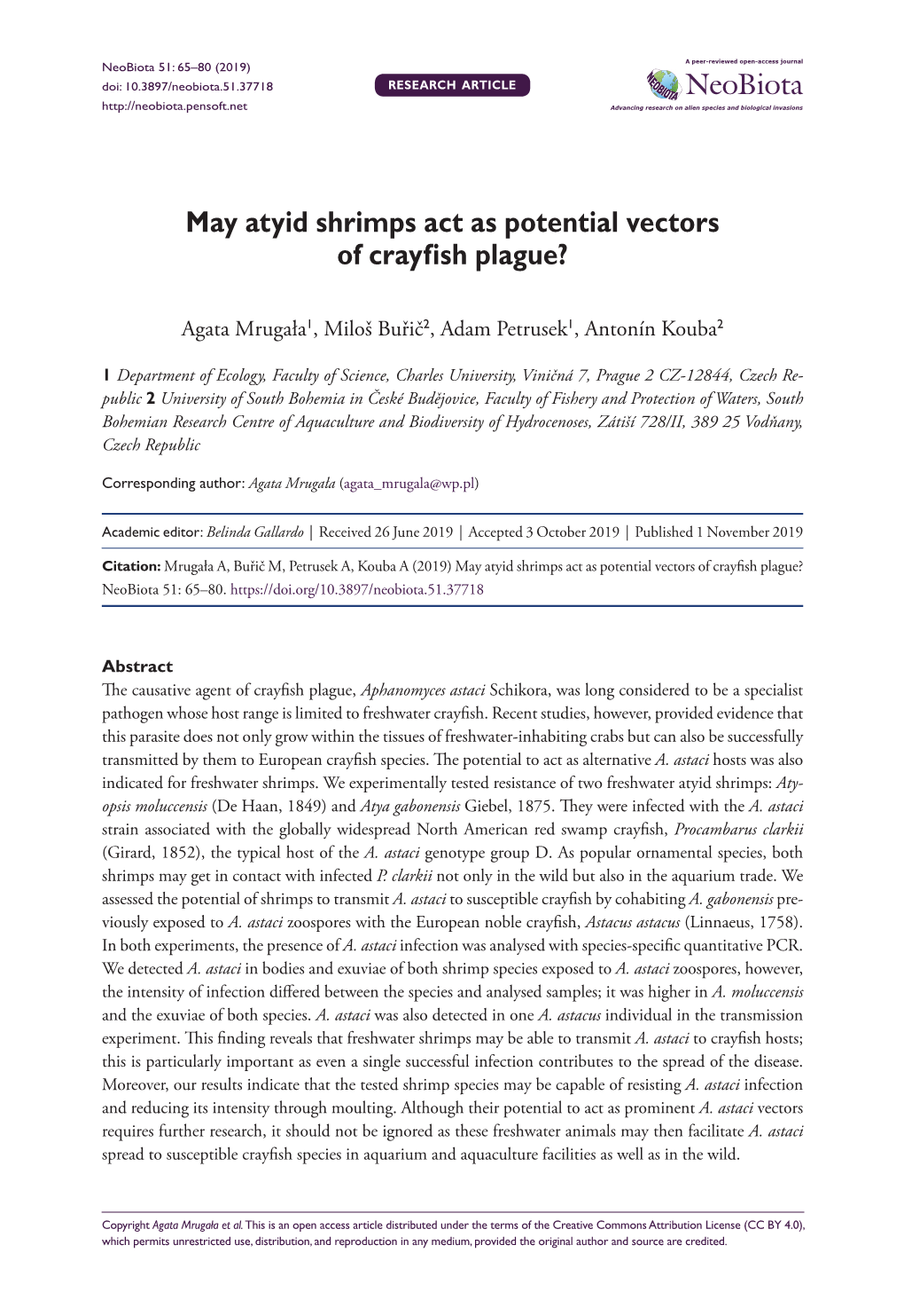 ﻿May Atyid Shrimps Act As Potential Vectors of Crayfish Plague?