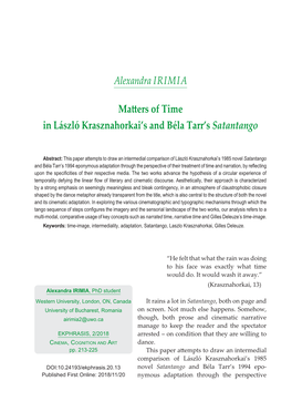 Alexandra IRIMIA Matters of Time in László Krasznahorkai's and Béla