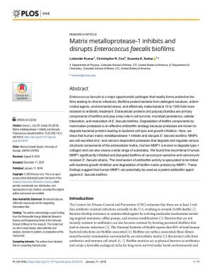 Matrix Metalloprotease-1 Inhibits and Disrupts Enterococcus Faecalis Biofilms
