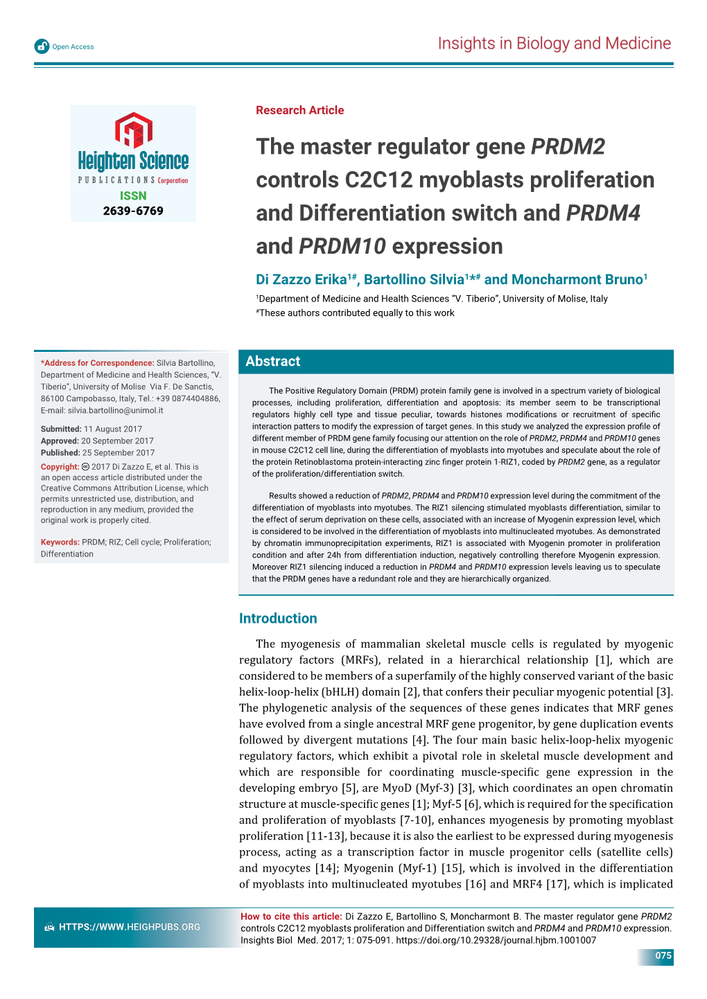 The Master Regulator Gene PRDM2 Controls C2C12 Myoblasts