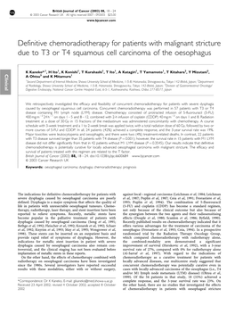 Definitive Chemoradiotherapy for Patients with Malignant Stricture Due to T3 Or T4 Squamous Cell Carcinoma of the Oesophagus