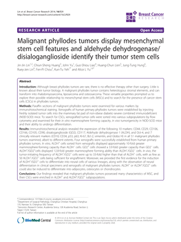 Malignant Phyllodes Tumors Display Mesenchymal Stem Cell Features and Aldehyde Dehydrogenase