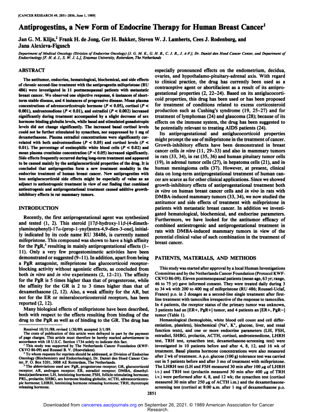 Antiprogestins, a New Form of Endocrine Therapy for Human Breast Cancer1