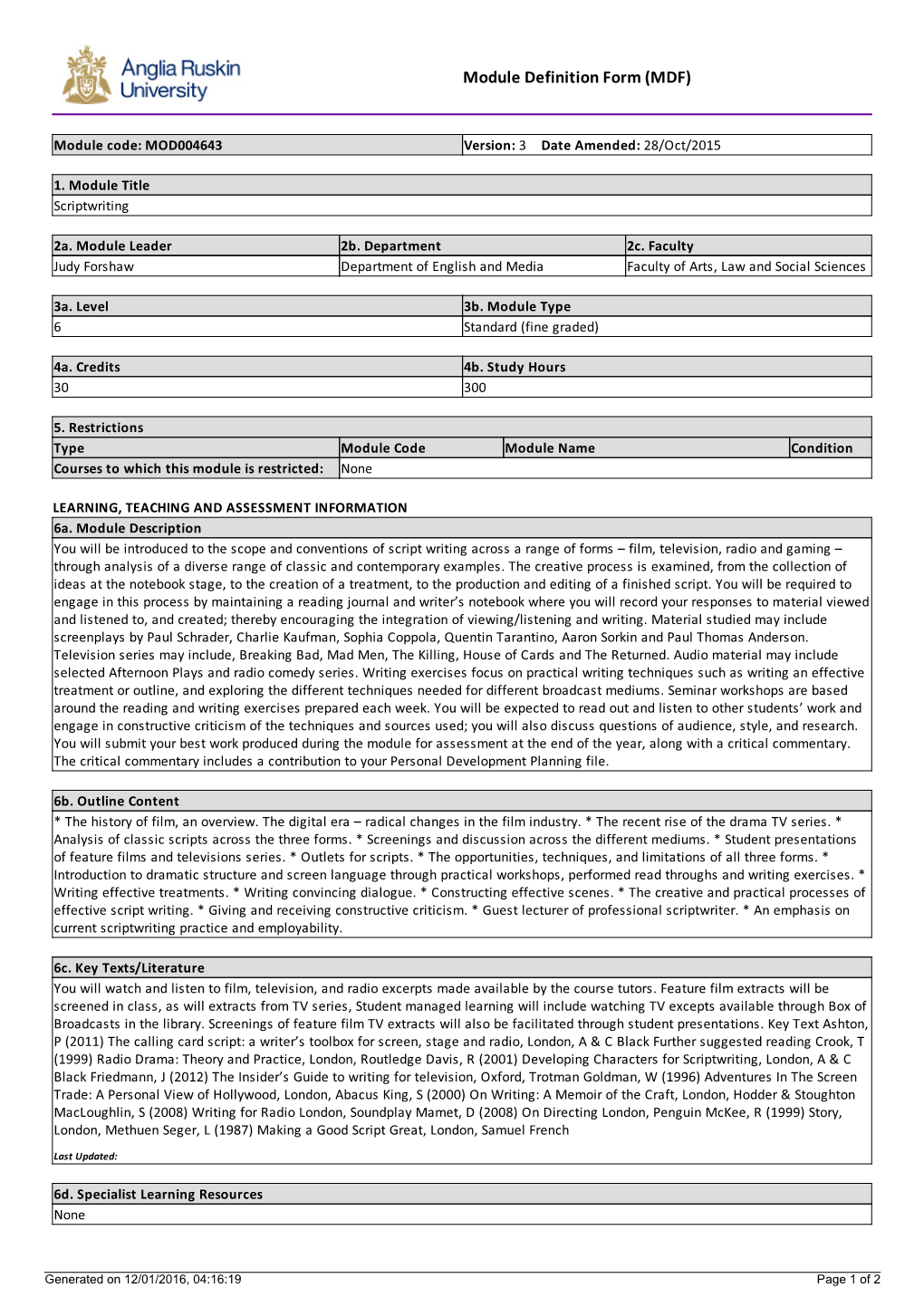 Module Definition Form (MDF)