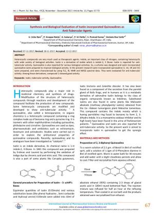 Synthesis and Biological Evaluation of Isatin Incorporated Quinoxalines As Anti-Tubercular Agents