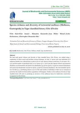 Species Richness and Diversity of Terrestrial Molluscs (Mollusca, Gastropoda) in Yapo Classified Forest, Côte D’Ivoire