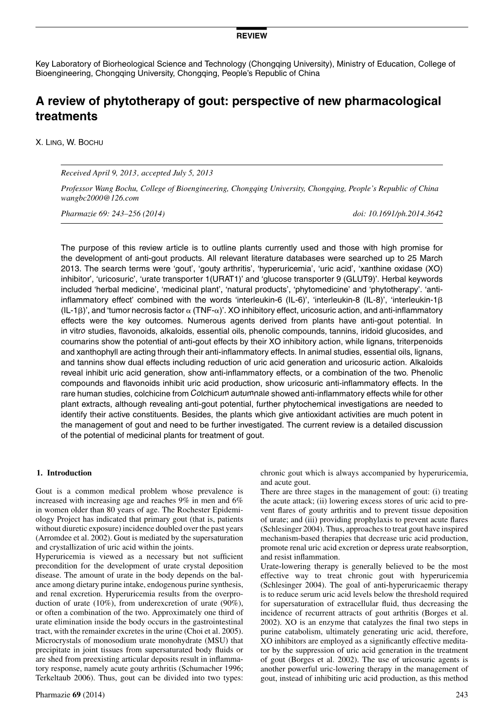 A Review of Phytotherapy of Gout: Perspective of New Pharmacological Treatments